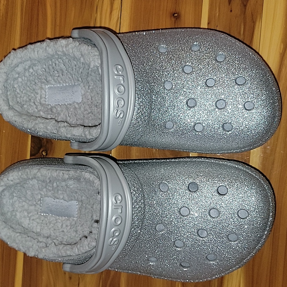 CROCS Silver Glitter Clogs with Plush Lining